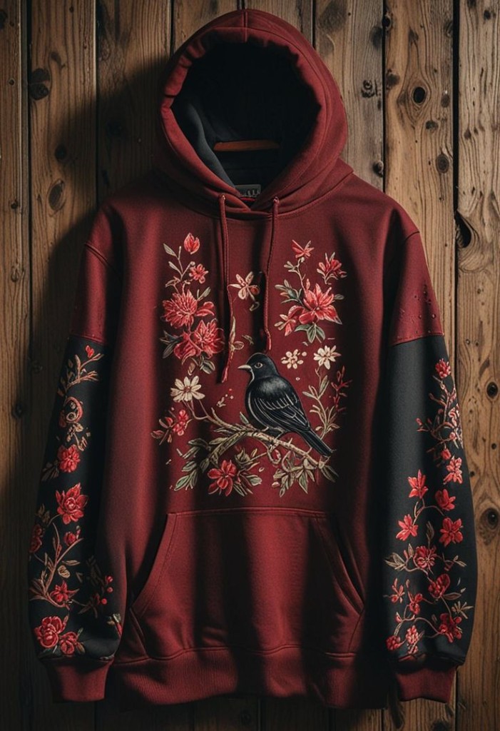 Embroidered Hoodie — bird floral maroon