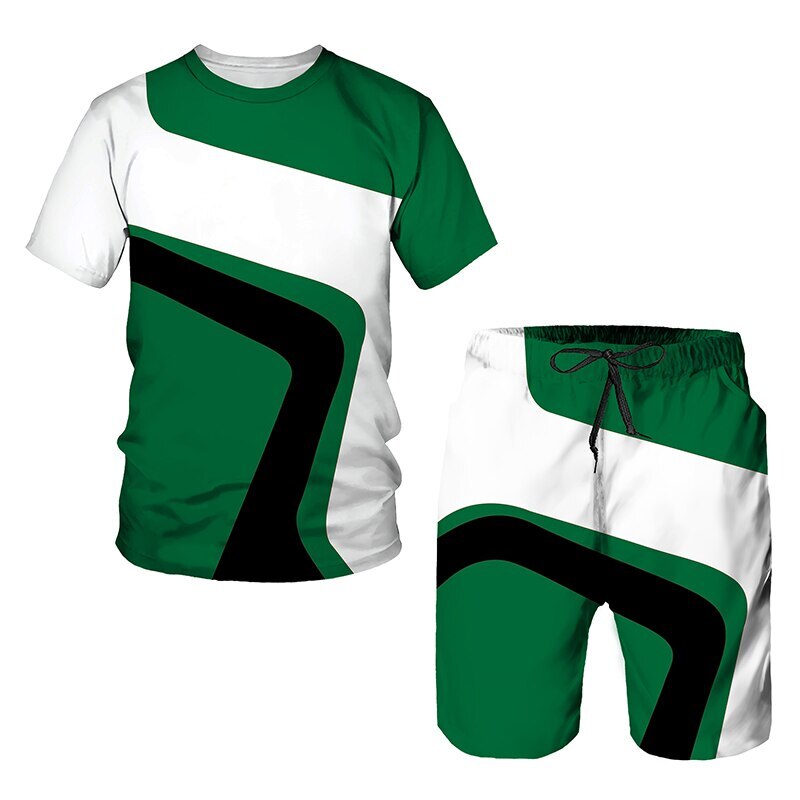 T-Shirt + Shorts Set — green white block